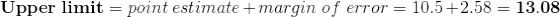 \mathbf{Upper\;limit}=point\;estimate+margin\;of\;error=10.5+2.58=\mathbf{13.08}