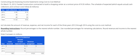 Constructing and Assessing Income Statements Using Cost-to-Cost Method On March 15, 2012, Frankel Construction contracted to