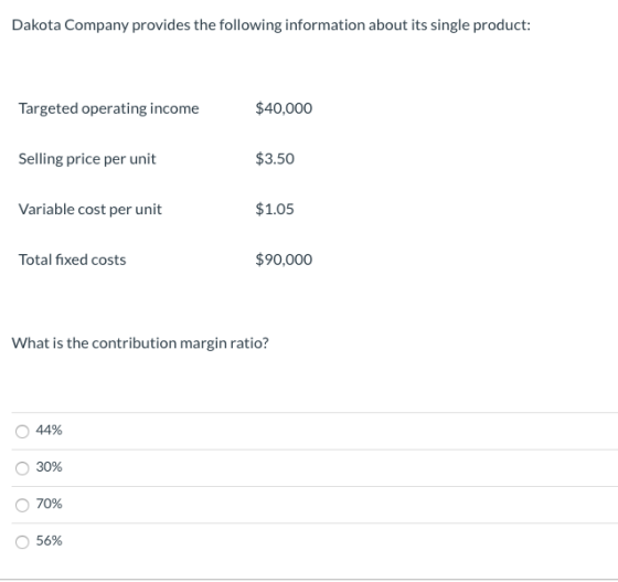 Dakota Company provides the following information about its single product: Targeted operating income $40,000 Selling price p