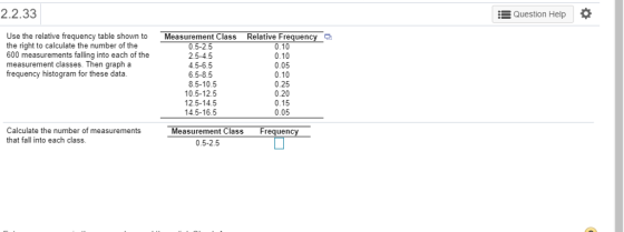 2.2.33 Question Help Use the relative frequency table shown to the right to calculate the number of the 600 measurements falling into each of the measurement classes. Then graph a frequency histogram for these data Measurement Class 2.5-4.5 4.5-6.5 6.5-8.5 8.5-10.5 10.5-12.5 12.5-14.5 14.5-16.5 Relative Frequency 0.10 0.10 0.05 0.10 0.25 0.20 0.15 0.05 Calculate the number of measurements that fall into each class Measurement Class Frequen 0.5-2.5