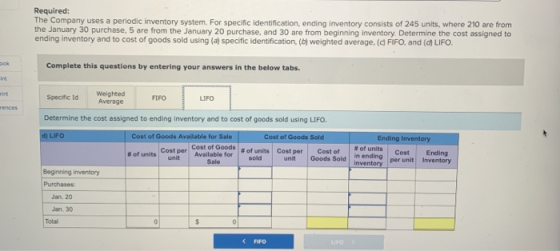 Required: The Company uses a periodic inventory system. For specific identification, ending inventory consists of 245 units,