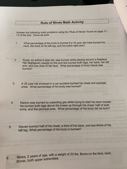 Rule of Nines Math Activity Answer the following math problems using the Rule of Nines found on page 11- 13 of the text. Sh