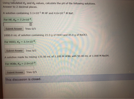 Using tabulated Ka and Kb values, calculate the pH of the following solutions. Answer to 2 decimal places. A solution contain