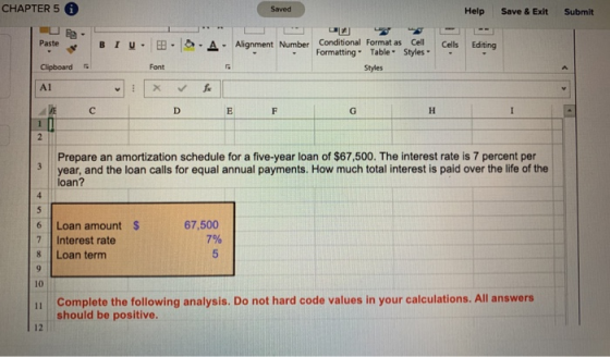 CHAPTER 5 Saved Help Save & Exit Submit Paste B I U. . Font Editing . A . Alignment Number Conditional Format as Cell - Forma