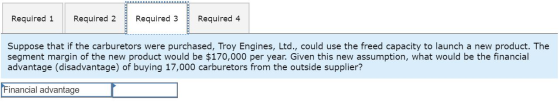 Required 1 Required 2 Required 3 Required 4 Suppose that if the carburetors were purchased, Troy Engines, Ltd., could use the