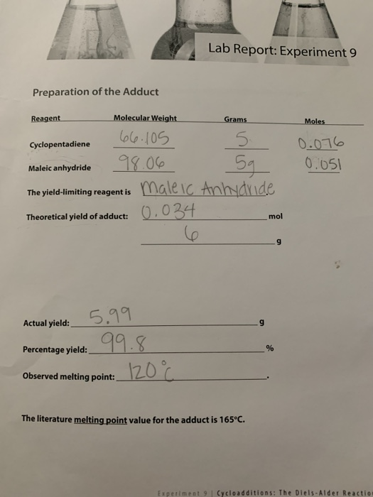 Lab Report: Experiment 9 Preparation of the Adduct Molecular Weight Reagent Grams Moles 6l6-105 0.076 0.05l Cyclopentadiene S