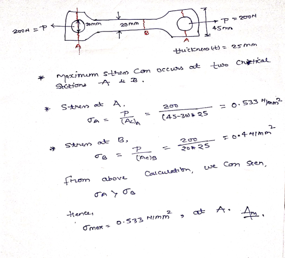 P 200N 30mm 20 mm 45 mn 200NP Hackneno (t) = 25 mm two creatical Maximum strem com occurs at Sections A & B. * Stringate Bar