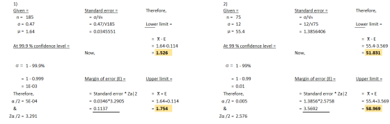 Therefore, Therefore, Given = n = 75 Given = n = 185 o= 0.47 u = 1.64 Standard error = c/Vn = 0.47/7185 = 0.0345551 Standard