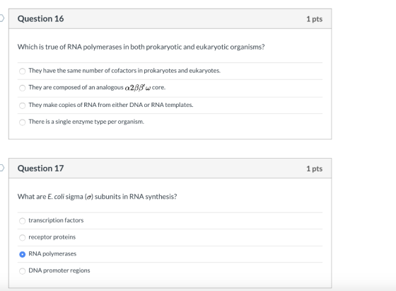 Question 16 1 pts Which is true of RNA polymerases in both prokaryotic and eukaryotic organisms? They have the same number of