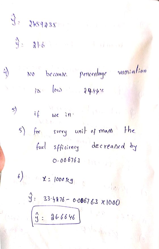 je 2154235 becau porcentage vaniglion is. low 29.46% 3 ) ill ini 5) for Every unit of man the fuel Efficiency decreased by 0.