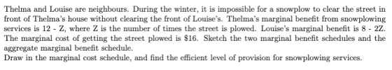 Thelma and Louise are neighbours. During the winter, it is impossible for a snowplow to clear the street in front of Thelmas