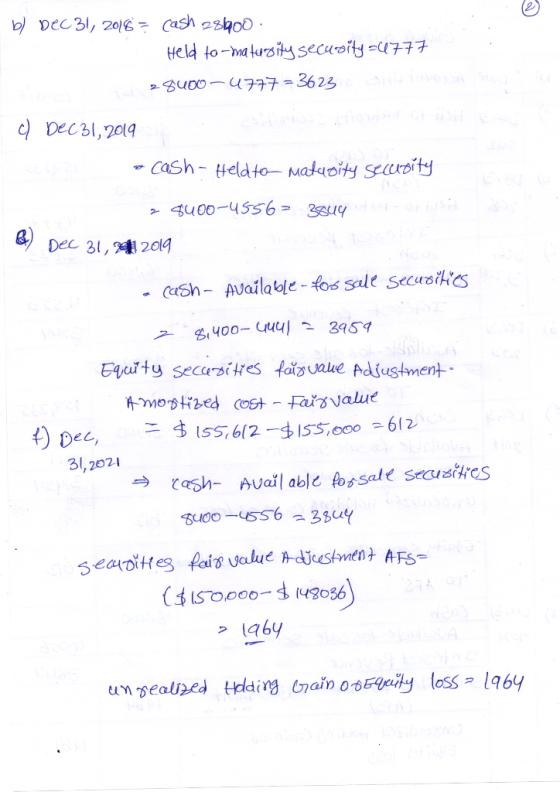 b) Dec 31, 2018 = cash 28400. Held to-maturity security =6777 28400~4777 = 3623 c) Dec 31, 2019 - Cash - Heldto matuoity secu