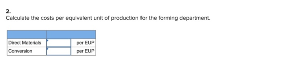 Calculate the costs per equivalent unit of production for the forming department. Direct Materials Conversion per EUP per EUP