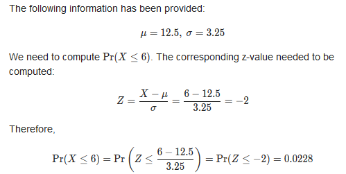 The following information has been provided: H =12.5, J = 3.25 We need to compute Pr(X<6). The corresponding z-value needed t