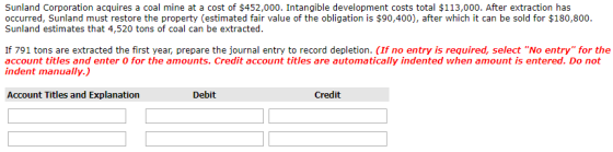 Sunland Corporation acquires a coal mine at a cost of $452,000. Intangible development costs total $113,000. After extraction