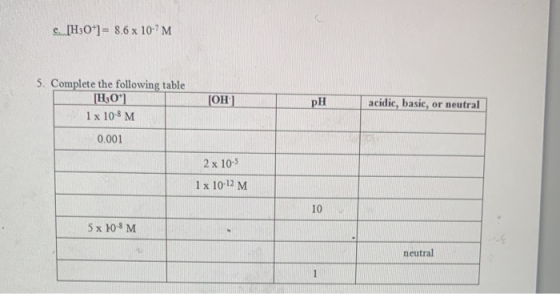 e [H3O+] = 8.6 x 10-7M 5. Complete the following table [H:0] 1x 10-8 M [OH) pH acidic, basic, or neutral 0.001 2 x 10-5 1 x