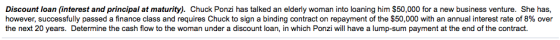 Discount loan (interest and principal at maturity). Chuck Ponzi has talked an elderly woman into loaning him $50,000 for a ne