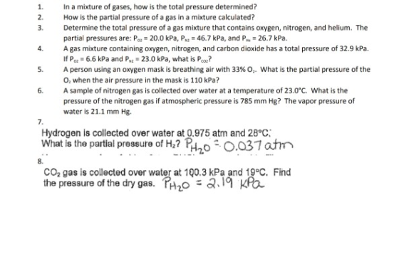 In a mixture of gases, how is the total pressure determined? How is the partial pressure of a gas in a mixture calculated? De