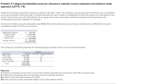 Problem 7-1 (Algo) Uncollectible accounts; allowance method; income statement and balance sheet approach [LO7-5, 7-6] Swathmo