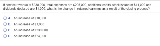 If service revenue is $230,000, total expenses are $205,000, additional capital stock issued of $11,000 and dividends declare