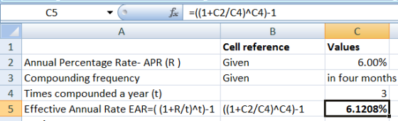 C5 f =((1+C2/C4)^C4)-1 А B 1 Cell reference 2 Annual Percentage Rate- APR (R) Given 3 Compounding frequency Given 4 Times com