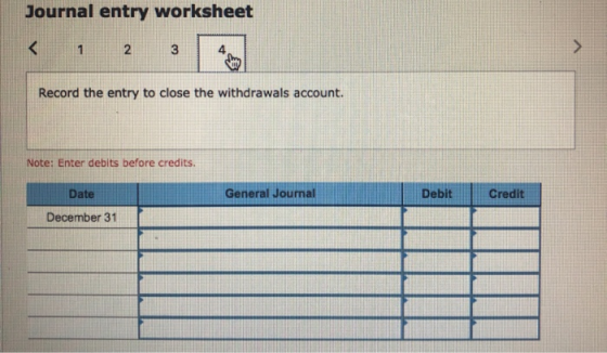 Journal entry worksheet Record the entry to close the withdrawals account. Note: Enter debits before credits. General Journal