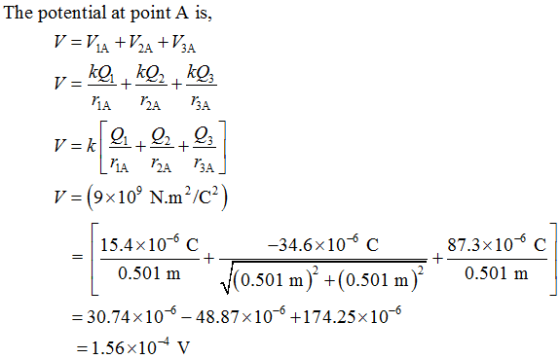 The potential at point A is, 2A12 ЗА V-21+22+23 V= (9×109 N·m 2 /C2) 15.4x106 c 34.6x10-6 C 501 n 0.50lm (0.50 87.3x10-6 C 20