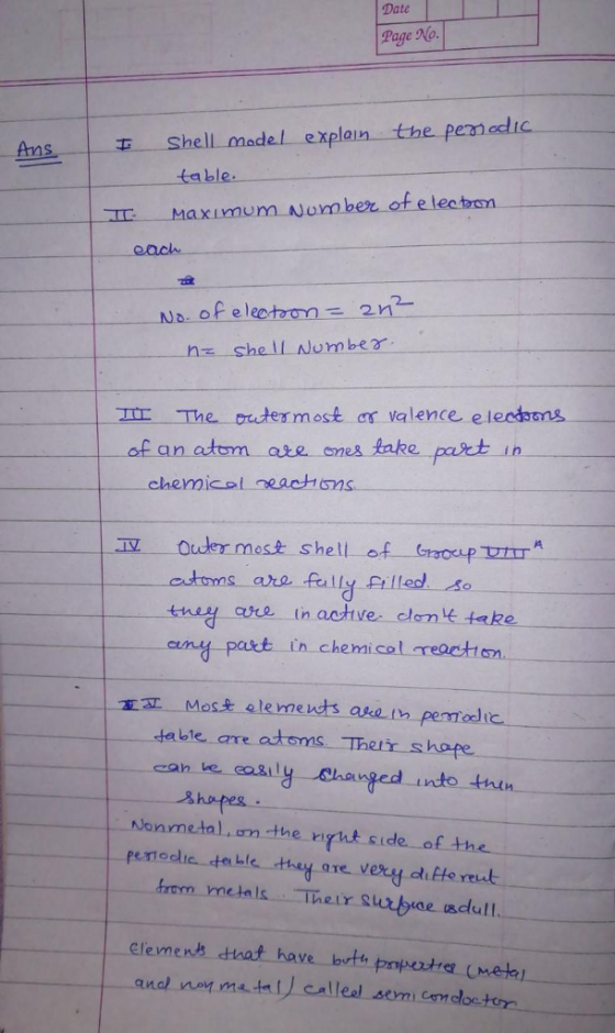 Date Page No Ans Shell madel explain the pemodic table each 2ー n shel Number IE The ordermost as valence e leadons of an atom are ones take pact emical each felly Filled table are atoms Ther-shofe can ve cosily Shanged into thin 3 hopes onrne-tal., um -the npht side of the from metals Their surgiae adull elemens that have bots prperte mete)