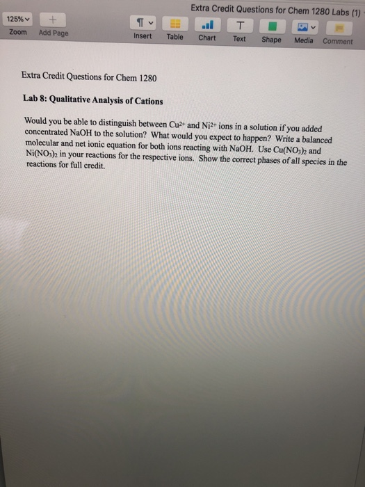 125% Zoom + Add Page T Insert Extra Credit Questions for Chem 1280 Labs (1) . T v Chart Text Shape Media Comment Table Extra
