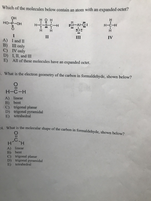 Which of the molecules below contain an atom with an expanded octet? OH HO -OH H-C+1 IV H-4-5-6+ sci-are: CI: III A) I and II