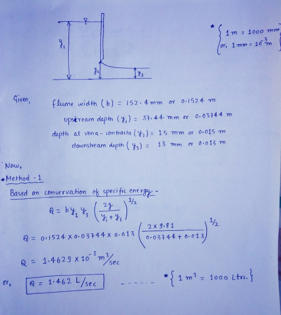 y, 1m = 1000 mm ov, 1 mm = 10 m . 107 Given, flume width (b) = 152.4 mm or 0.152 4 m upstream depth (y) = 37.44 mm or 0.03744