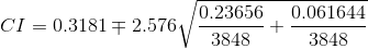 CI=0.3181\mp 2.576\sqrt{\frac{0.23656}{3848}+\frac{0.061644}{3848}}