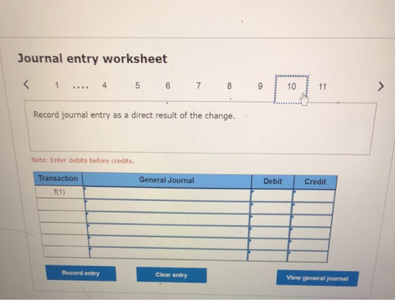 Journal entry worksheet 4 < 1 6 7 8 9 10 11 Record journal entry as a direct result of the change. Note: Enter debits before