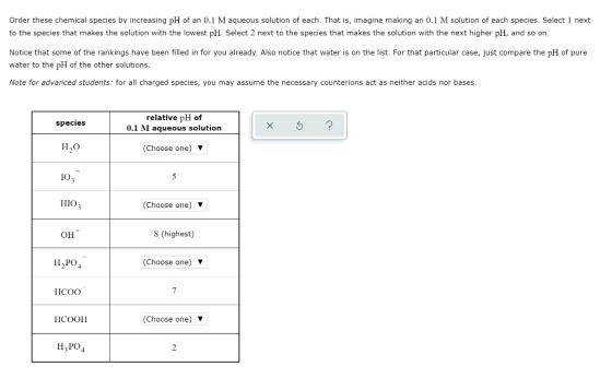 Order these chemical species by increasing pH of an 0.1 M aqueous solution of each. That is, imagine making an 0.1 M solution