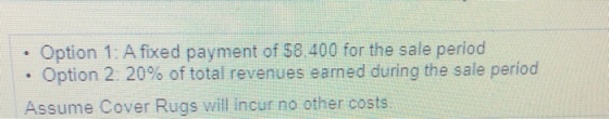 • Option 1: A fixed payment of $8.400 for the sale period • Option 2: 20% of total revenues earned during the sale period Ass