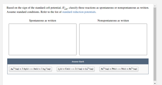 Based on the sign of the standard cell potential, Ecell, classify these reactions as spontaneous or nonspontaneous as written