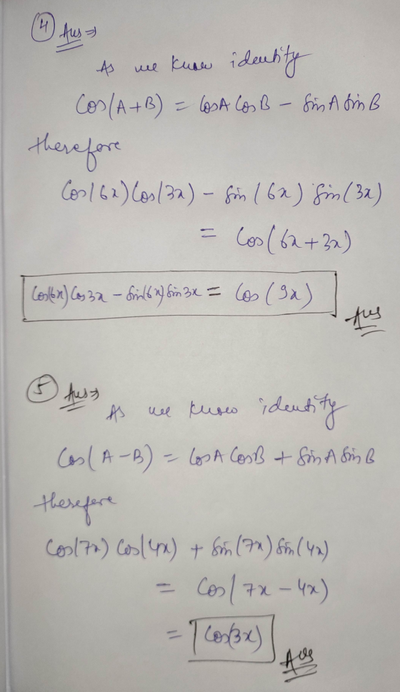 O fest As we know identity Cos/A+B) = losa CosB - Sin AtmB therefore Con 16x) Cos/32) – fin (62) Sin (3x) = Cos (6x +32) I co