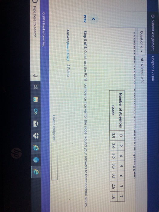 o Submit Assignment Chapter 12 Quiz Question 6 of 16 Step 5 of 5 Number of Absences 0 2 4 56 7 7 3.9 3.6 3.5 3.3 3.1 2.6 1.6