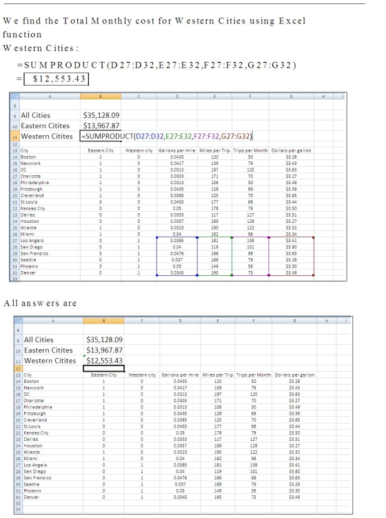 We find the Total Monthly cost for Western Cities using Excel function Western Cities : =SU M PRODUCT(D 27:D 32,E 27:E 32,F27
