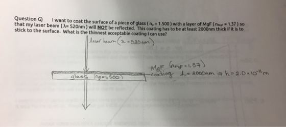 Question G) I want to coat the surface of a piece of glass (n = 1.500 ) with a layer of MgF (ne...3 that my laser beam ( 520n