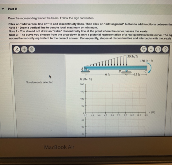 - Part B Draw the moment diagram for the beam. Follow the sign convention Click on add vertical line off to add discontinui