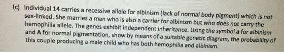 (c) Individual 14 carries a recessive allele for albinism (lack of normal body pigment) which is not sex-linked. She marries