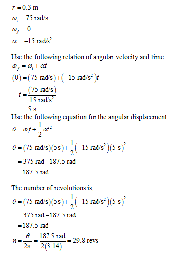 0.3 m 0-75 rad/s α -15 rads Use the following relation of angular velocity and time. (0)-(75 rad/s)+(-15 rad/s) (75 rad/s) 15