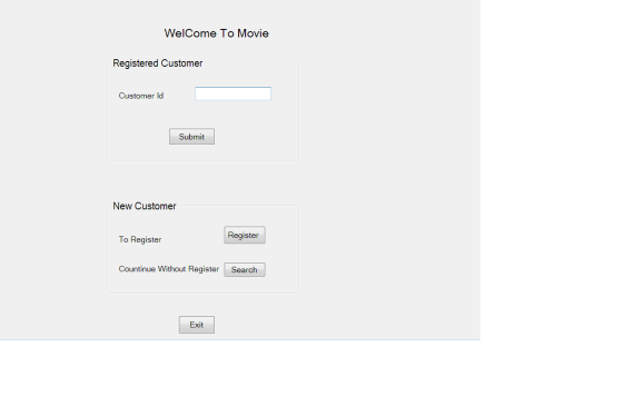 WelCome To Movie Registered Customer Customer ld Submit New Customer Register To Register Countinue Without RegisterSearch Exit