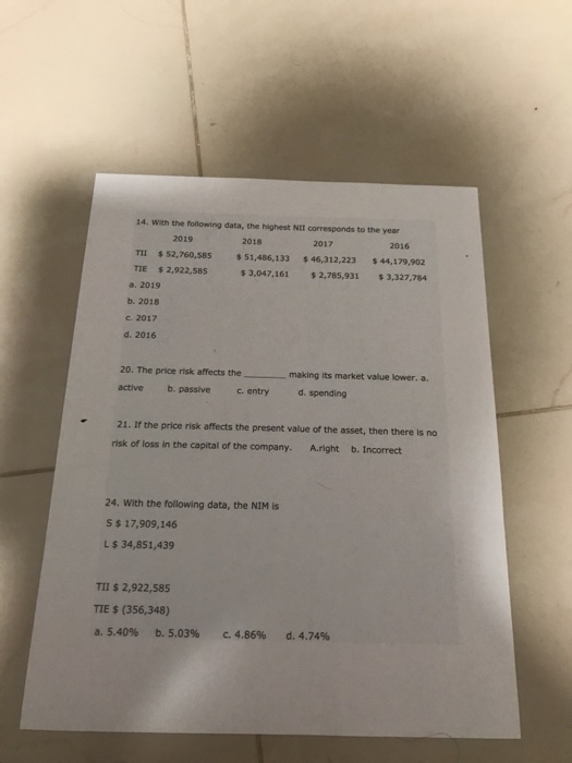 14. With the following data, the highest NEI corresponds to the year 2019 2018 2017 2016 THI $9,760,965 $ 51,486,133 $ 46,312