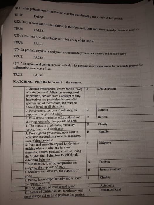 Q21. Most patients report satisfaction over the confidentiality and privacy of their records TRUE FALSE Q22. Duty to treat pa