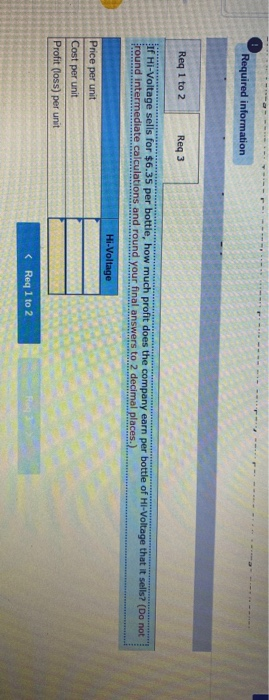 Required information Req 1 to 2 Req3 If Hi-Voltage sells for $6.35 per bottle, how much profit does the company earn per bott