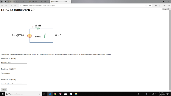 Sakai@URI : Hame : Cvervie qui ELE 212 Linzar Circu.t ELE2 12 Hamework 20 × ← → Ο 쇼 () www ele uri edu/~swaszekele2 12/quizqu