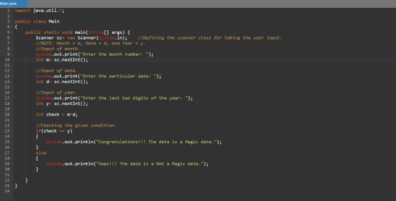 Main.java 1 import java.util.*; 3 public class Main 4- { public static void main(String[] args) { Scanner sc= new Scanner(Sys