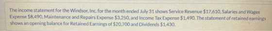 The income statement for the Windsor, Inc. for the month ended July 31 shows Service Revenue $17,610, Salaries and Wages Expe
